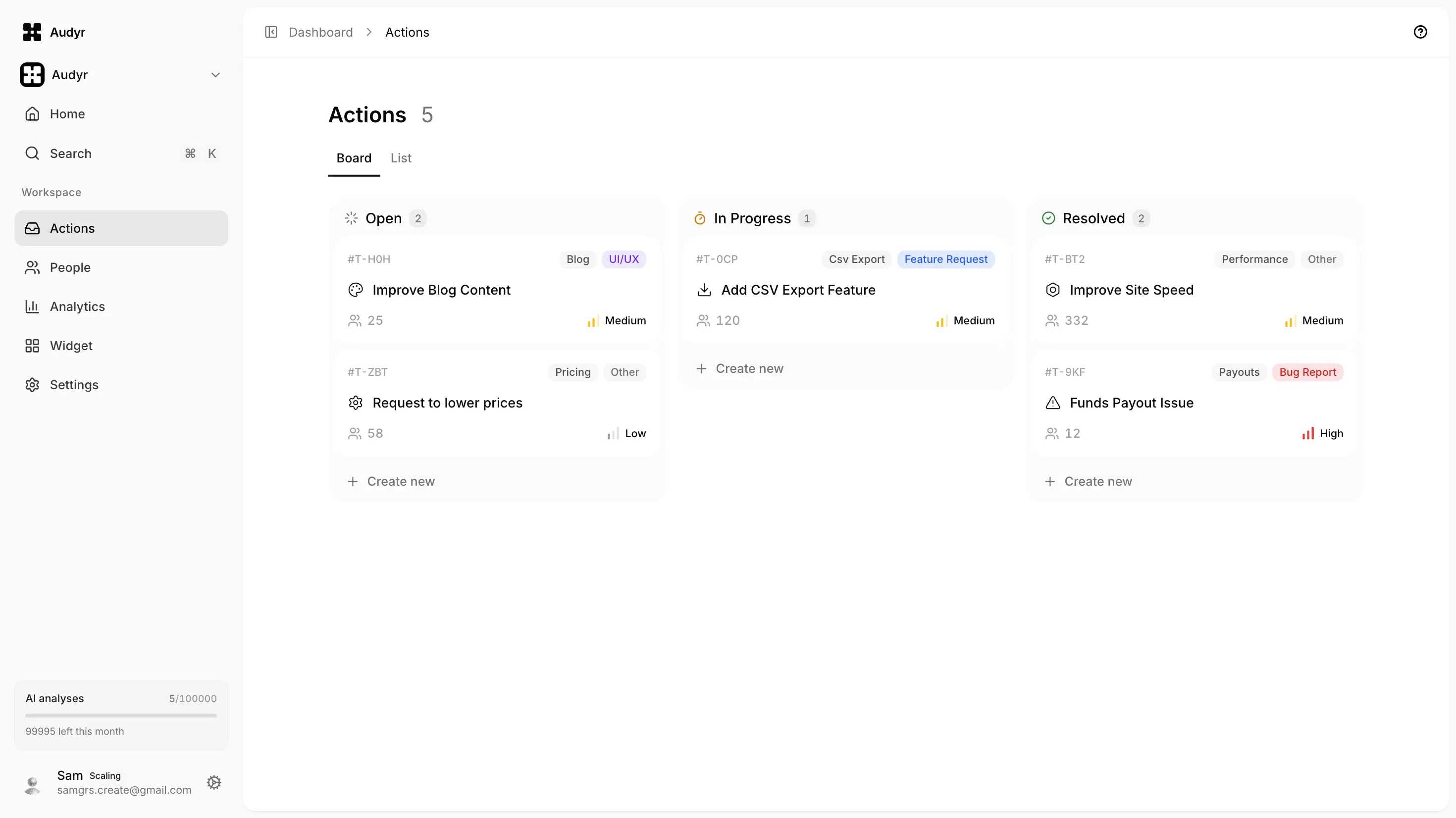 Audyr Actions — AI-powered feedback analytics